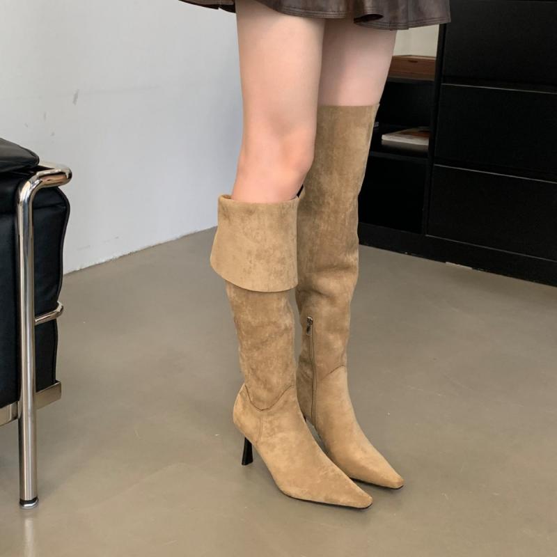 ブーツ レディース ニーハイブーツ ポインテッドトゥ ハイヒール スエード サイドジップ 美脚 身長アップ ブラック ベージュ キャメル 秋冬(4.0)