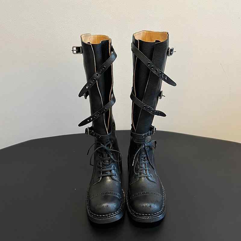 ブーツ レディース 騎士ブーツ 本革 ロングブーツ ミドルヒール 3cm-5cm チャンキーヒール スクエアトゥ メタルバックル付き 滑り止め 暖かい 耐摩耗性 秋冬 ブラウン ブラック