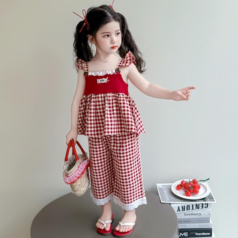 子供用セットアップ 女の子用キャミソールショートパンツ 2点セット 春夏 格子柄 コットン かわいい キッズ ベビー 薄手 赤色 90cm 100cm 110cm 120cm 130cm 140cm