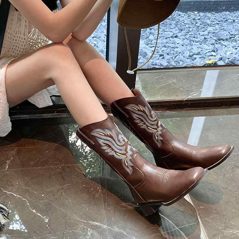 ブーツ レディース ウエスタンブーツ 婦人靴 ミドル丈 チャンキーヒール ポインテッドトゥ 茶色 ブラウン ブラック 耐摩耗性