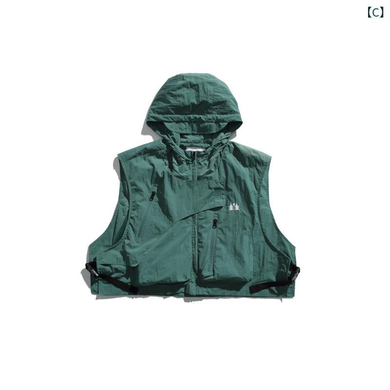 Vests - ベスト 男性用 ワークベスト フード付き ノースリーブ ジャケット トップス ゆったり 無地 グレー ブラック グリーン