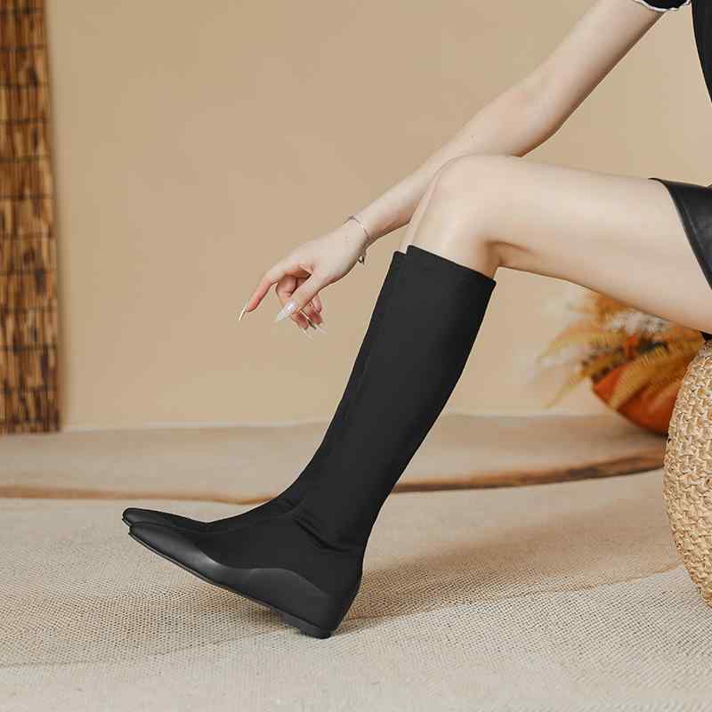 ブーツ レディース 巨足さんでも安心 ストレッチ素材 ロングブーツ フラットヒール ローヒール 歩きやすい 痛くない スムース スエード ブラック 黒 春夏秋冬
