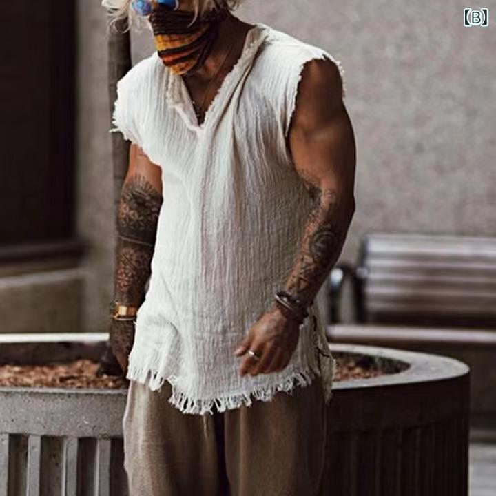 タンクトップ メンズ 男性用 洗い加工 コットン ノースリーブ 接触冷感 部屋着 普段使い 酒紅色 乳白色..