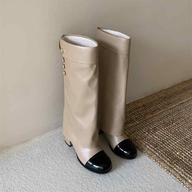 ブーツ レディース ジョッキーブーツ ロングブーツ ハイヒール 太ヒール ラウンドトゥ 配色 春秋冬 超..