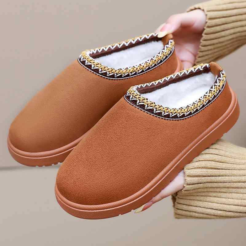 スリッパ レディース 防寒 ボア付き ルームシューズ 暖かい 滑り止め 浅口 フラットソール ローヒール ラウンドトゥ クッション PVC 秋冬 栗色 ブラック ベージュ