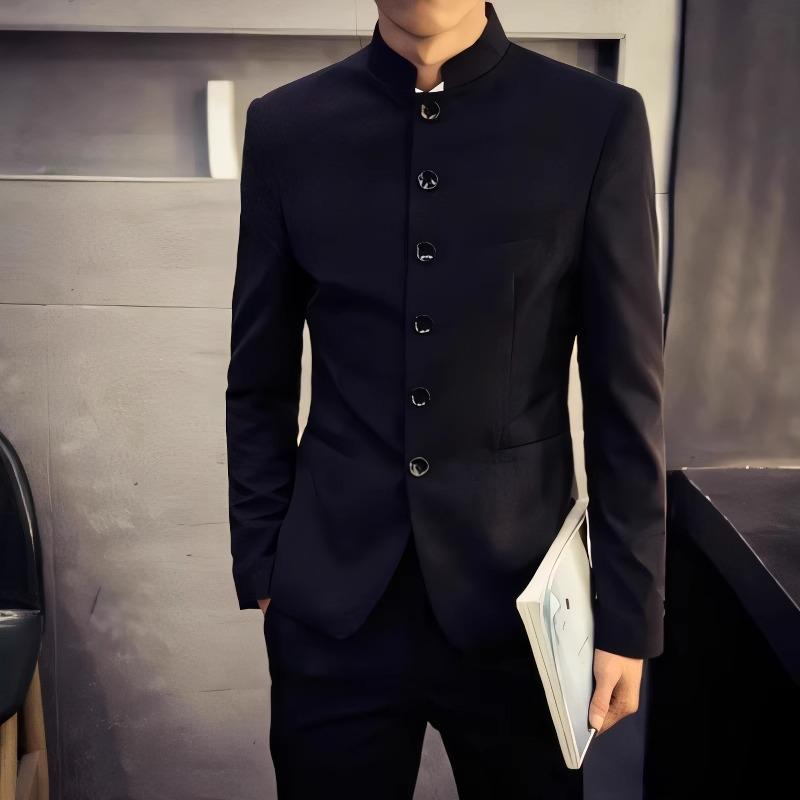 ジャケット メンズ チャイナ風 立襟 テーラードジャケット ポリエステル ブラック 無地 シンプル スリムフィット 長袖 トップス アウター フォーマル カジュアル
