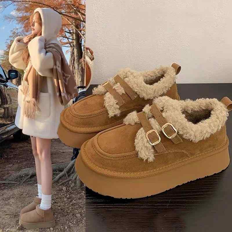靴 レディース 厚底 雪地靴 秋冬 加絨 保温 モコモコ ショートブーツ スノーブーツ ラウンドトゥ 普段使い 栗色 羚羊棕