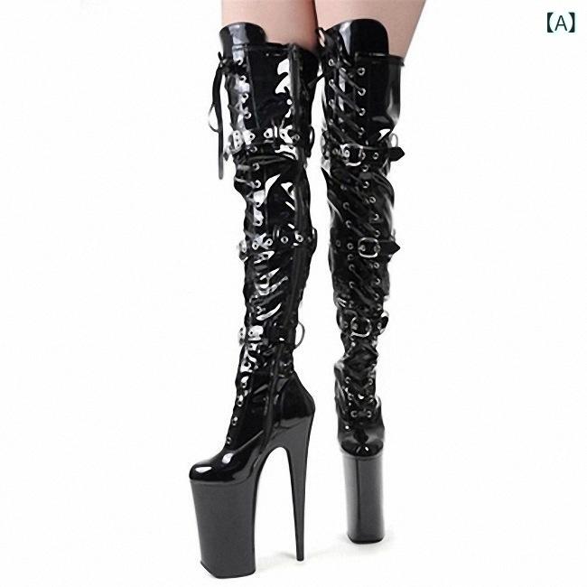 ブーツ レディース 超ハイヒール ニーハイブーツ ラウンドトゥ ピンヒール レザー切り替え 厚底 美脚 身長アップ ブラック ホワイト レッド ピンク系 春秋冬(4.0)