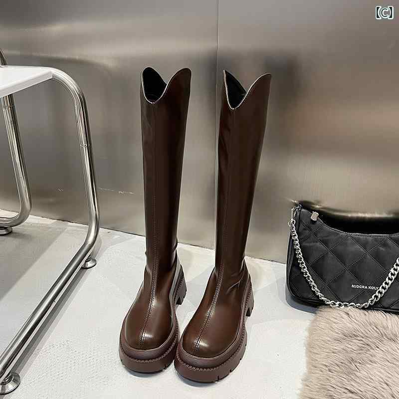 ブーツ レディース ロングブーツ 本革 Vカット ローヒール 履き口ゆったり カジュアル ブラック ベージュ ブラウン カーキ 秋冬