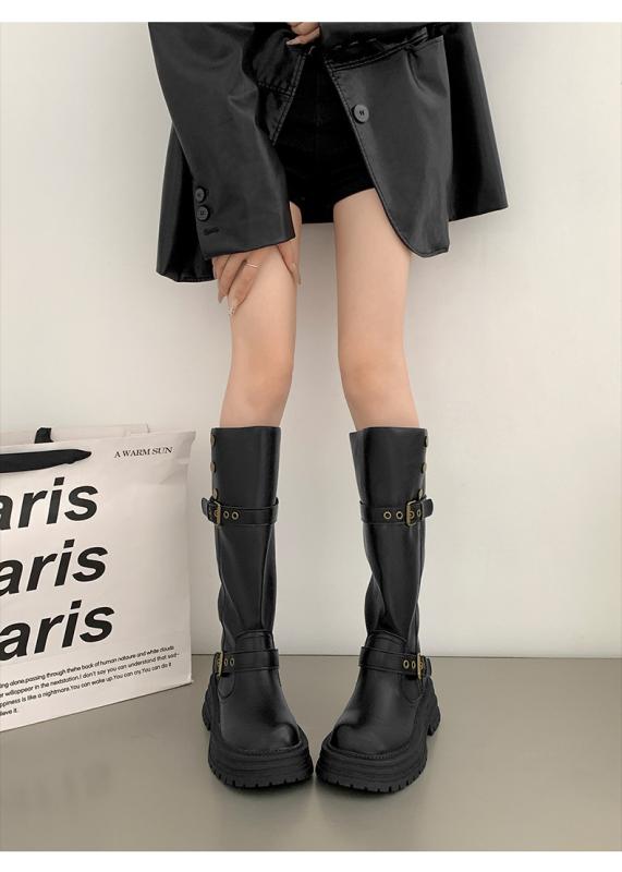 ブーツ レディース チャンキーヒール 厚底 ロングブーツ ラウンドトゥ スエード スムース 春秋 高筒 ジョッキーブーツ カジュアル 歩きやすい 黒 茶色(4.0)