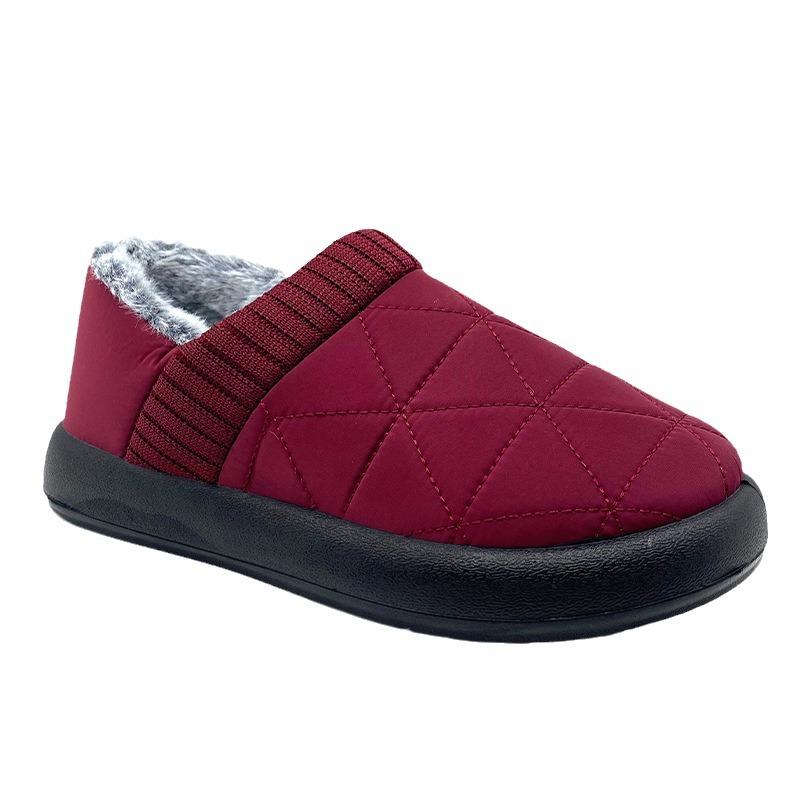 靴 レディース 婦人靴 スノーブーツ 冬 フラットヒール ラウンドトゥ スリッポン 暖かい 防寒 あったか もこもこ ふわふわ 格子柄 普段使い ルームシューズ 黒 ブラック ワインレッド コーヒー 35 36 37 38 39 40 41