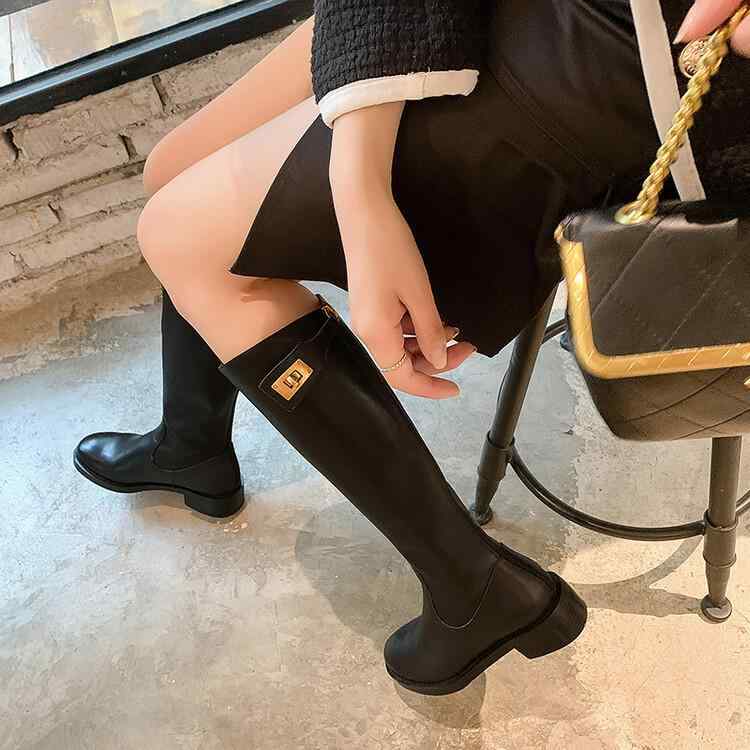 ブーツ レディース 牛革 粗めヒール ラウンドトゥ ロングブーツ ファッションブーツ 金属バックル付き 無地 カジュアル ブラック 秋冬
