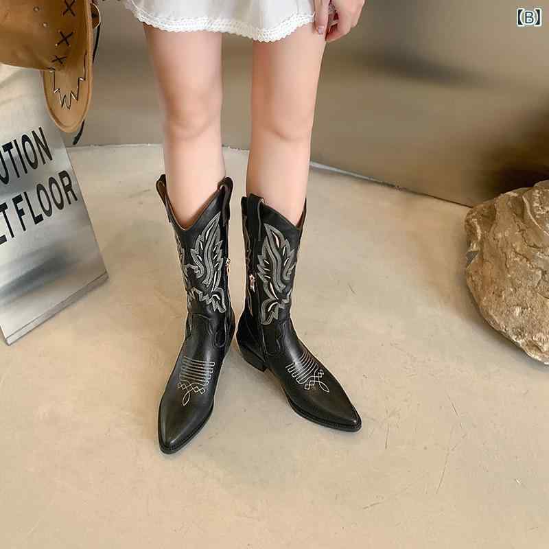 ブーツ レディース ウエスタンブーツ ロングブーツ 復古 刺繍 太ヒール ハイカット 筒丈30cm 普段使い ..