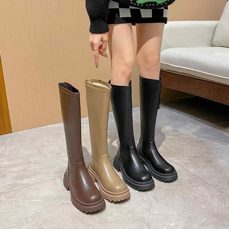 ブーツ レディース 筒太 高筒ブーツ ワイド 秋冬 フラットヒール チャンキーヒール ゆったり 履き口 3E..