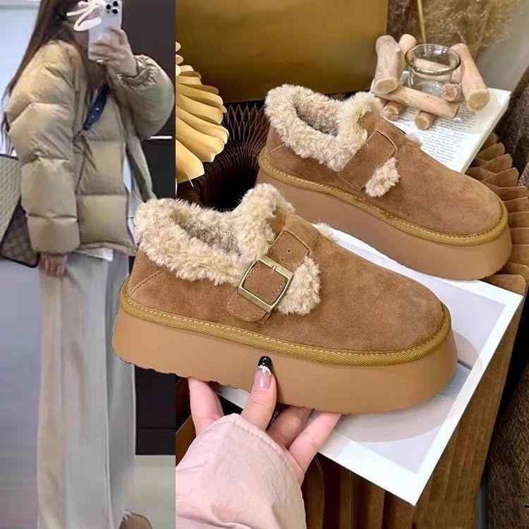 スノーブーツ レディース 秋冬 厚底 ローカット スリッポン パンプス ファー 女性用 婦人靴 あったか 防寒 保温 滑り止め 普段使い デイリー 栗色 ブラウン