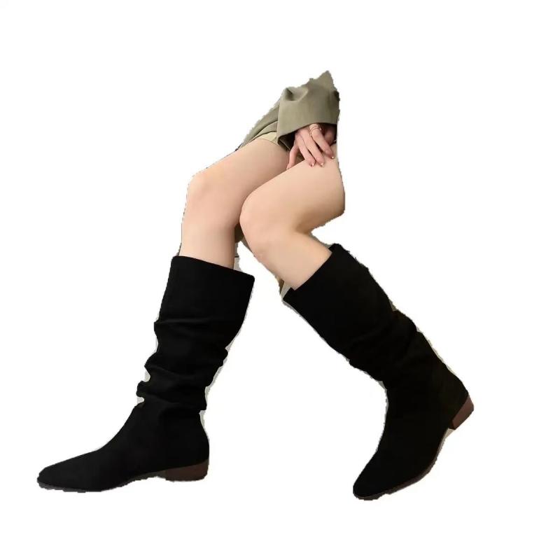 ブーツ レディース ウエスタン風 チャンキーヒール ミドル丈 カーキ ブラック 無地 ローヒール 普段使..