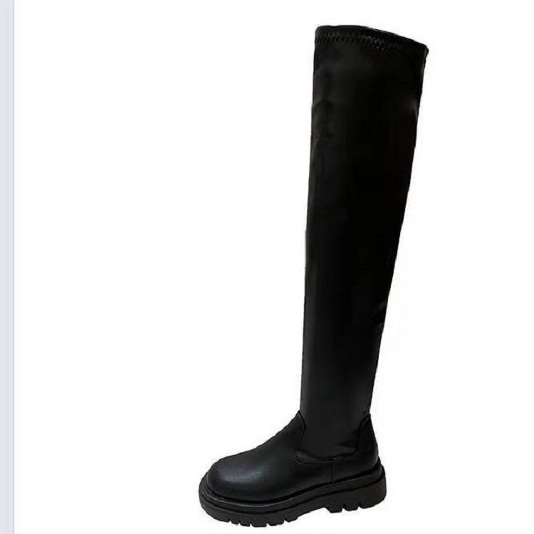 ブーツ レディース ニーハイブーツ ストレッチ 秋冬 ローヒール 筒丈ロング ジョッキーブーツ 防水 滑り止め ブラック