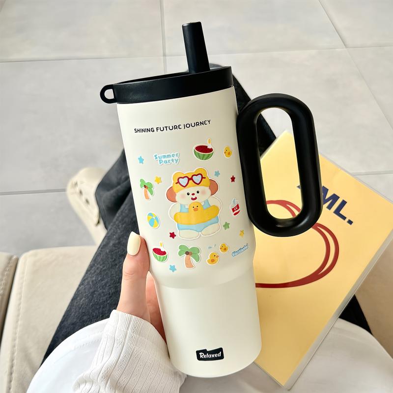 水筒 レディース メンズ キッズ 大容量 ステンレス製 保温保冷 ストロー付き コーヒーカップ かわいい ..