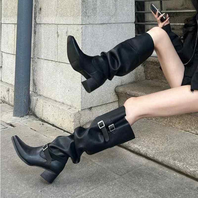 Women'S Shoes - ブーツ レディース ウェスタンブーツ ハイカット 筒太 ルーズ ミドルヒール チャンキーヒール ポインテッドトゥ スエード調 秋冬 黒