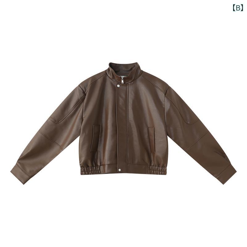 ジャケット 男性用 秋冬 PUレザー 垫肩 ショート丈 ブルゾン ゆったり 襟付き ジップアップ アウター ブラック ブラウン系