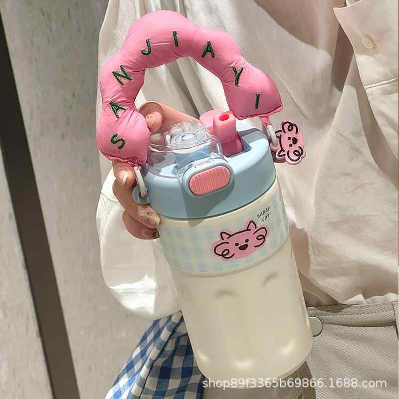 水筒 レディース キッズ 大容量 ステンレス 直飲み 保温 保冷 ストロー付き 500ml かわいい おしゃれ 子供 学生 通学 通勤 ピンク ブルー シリコン製 ハンドル付き