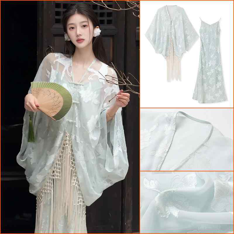 ワンピース レディース チャイナドレス風 カーディガン セットアップ 刺繍 幾何学模様 ポリエステル ゆったりサイズ エレガント レトロ ロング丈 春夏