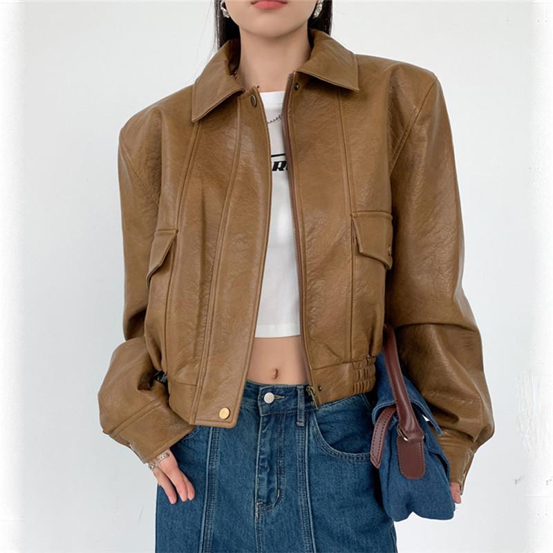 レザージャケット レディース 女性用 秋冬 PUレザー フェイクレザー ライダースジャケット ターンカラー ショート丈 長袖 バイカージャケット ブラック 黒 ブラウン ワインレッド S M L XL