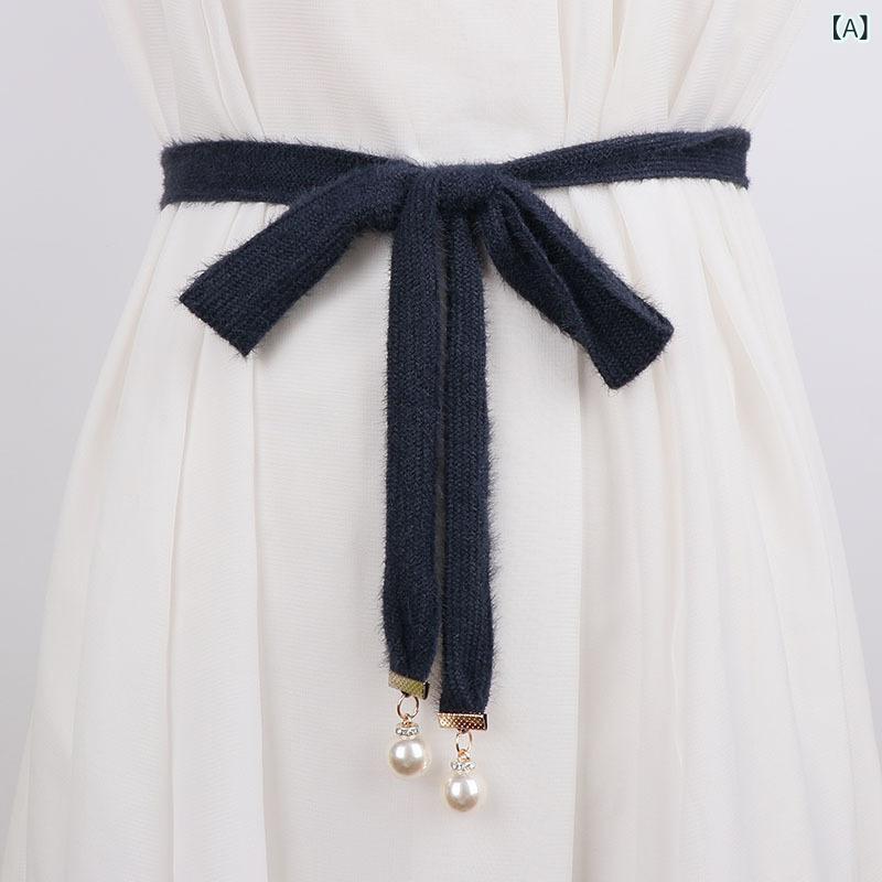 ベルト レディース 細ベルト 飾りベルト ワンピース スカート 普段使い ファッション小物 ウサギの毛皮風 紺色 白色 黒色