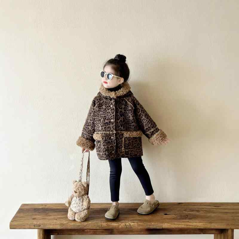 子供服 ガールズ ヒョウ柄 フェイクファー コート ジャケット 秋冬 中小 キッズ 厚手 フード付き アウター 豹柄 皮毛 ブラック ヨガパンツ 起毛 90 100 110 120 130 140(4)