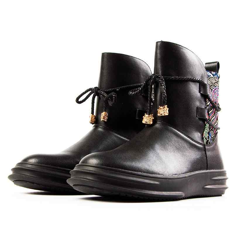 ブーツ メンズ 雪地靴 冬季 防寒 保温 高帮 レザー 民族風 ヒップホップ 唐装 裏起毛 ブラック