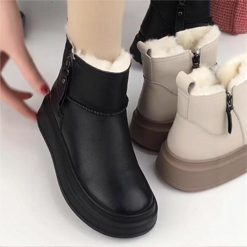 スノーブーツ レディース 女性用 本革 レザー ショートブーツ フラット ローヒール 防寒 あったか 裏起毛 滑り止め カジュアル 秋冬 黒 ブラック オフホワイト