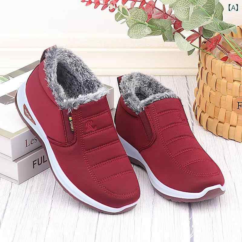 靴 レディース 婦人靴 冬季 裏起毛 防寒 保温 防滑 ローヒール スノーシューズ カジュアル 無地 ラウンドトゥ 布靴 レッド ブラック系