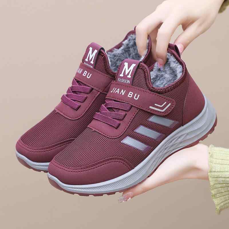 靴 レディース 婦人 シニア 暖か 防寒 スノーブーツ フラットソール ローヒール 丸いつま先 コットン 綿布 ショートブーツ パープル ブラック レッド 秋冬