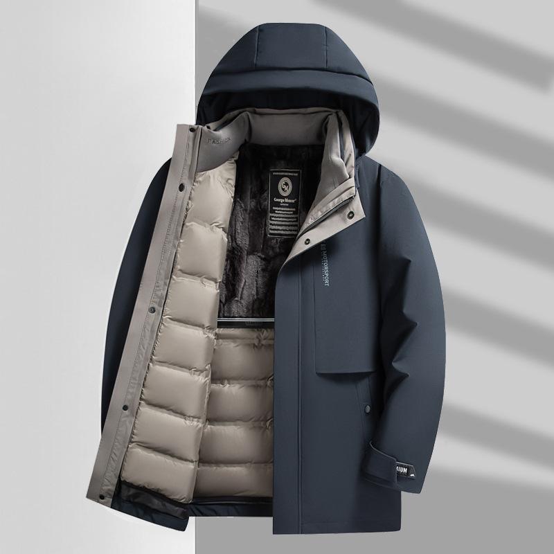 防寒レベル: 通常レベル（-20℃〜-5℃）・素材機能: 抗寒・フィルパワー: 650・詰め物: ホワイトグースダウン・ダウン含有量: 86%〜90%・スタイル: ベーシック・フィット: レギュラー・着丈: ミドル丈（65cm超80cm以下）・襟型: スタンドカラー・フード: あり・フロント: ジッパー・厚さ: 厚手・柄: 無地・スタイル: ライトビジネス・対象年齢層: ミドルエイジ・誤差範囲: 約2cm・中綿量: 90g・裏地: ポリエステル・表地: ポリエステル・対象: メンズ・シーン: カジュアル・カラー: ブラック、ダークブルー、ブラック（グレーファーライニング）、コーヒー（グレーファーライニング）、ダークブルー（グレーファーライニング）、ブラック（イエローファーライニング）、シアン（イエローファーライニング）、コーヒー（イエローファーライニング）・サイズ: M、L、XL、XXL、XXXL、XXXXL・機能: 着脱式インナー・加工: アイロン不要・ディテール: プリント・対象年齢: 大人・性別: 男性・製品カテゴリ: ダウンジャケット