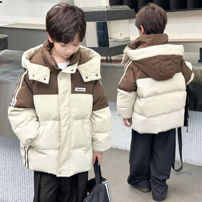 子供用綿入りジャケット 男女兼用 中 крупногабаритный 子供服 防寒着 フード付き ポリエステル 切り替え ピンク系 グリーン コーヒー色 冬