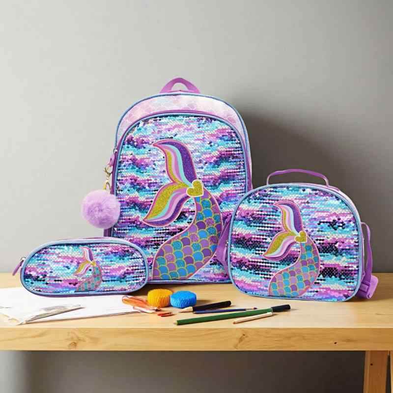 リュック キッズ 幼稚園 スパンコール 魚の尾 刺繡 子供 リュックサック 3点セット 通園 通学 遠足 旅行 かわいい パープル