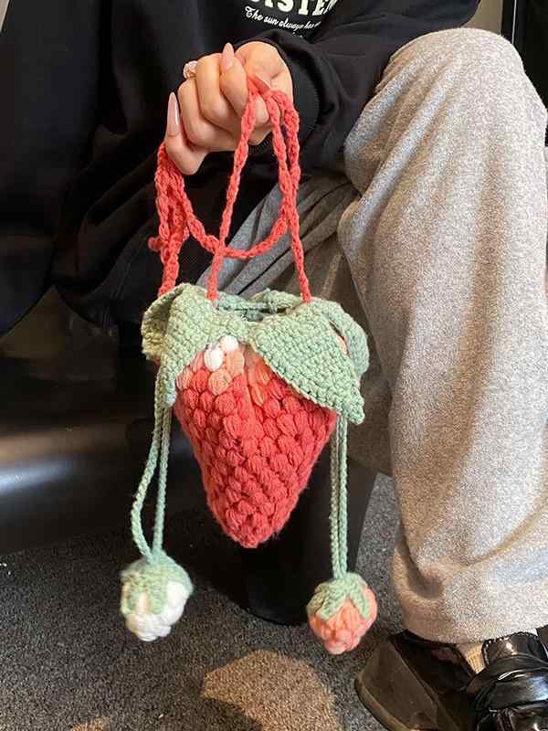 ニットバッグ レディース ミニ ショルダーバッグ かわいい いちご 手編み かぎ針編み コットン ざっく..