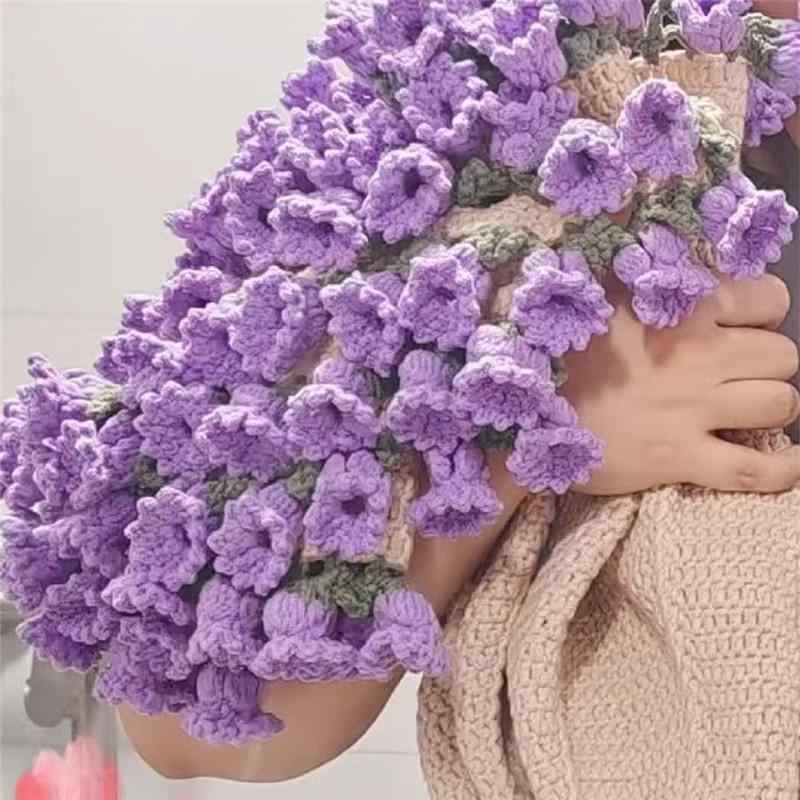 毛布 手編み 毛糸 花束 ブーケ 膝掛け ローズ 薔薇 スズラン 花柄 アイボリー系 春夏秋冬 オールシーズ..