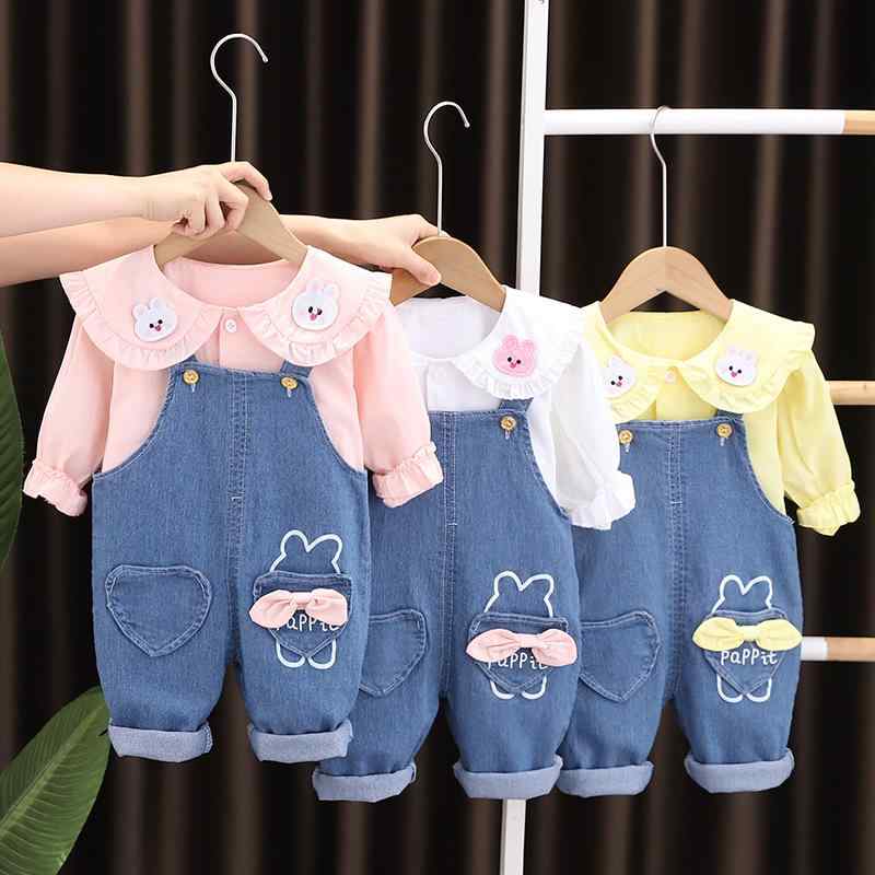 ・商品カテゴリ: 子供用セットアップ・対象: 女児・スタイル: カジュアル・セット内容: トップス、パンツ・袖丈: 長袖・パンツ丈: 長ズボン・生地: デニム・メイン素材: ポリエステル93%・柄: 動物、漫画・カラー: ホワイト、ピンク、イエロー・対象年齢: 1～3歳・対象身長: 80cm、90cm、100cm、110cm、120cm
