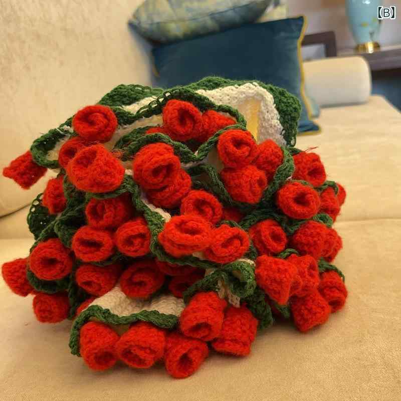 花束 ブーケ ブランケット ひざ掛け 肩掛け オフィス 昼寝 手編み風 薄手 オールシーズン 薔薇 バラ アイボリー [3]
