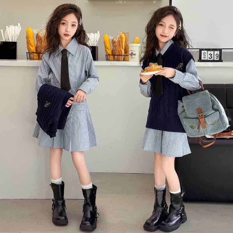 子供服 女の子用 セットアップ 春物 シャツワンピース 2点セット 韓国風 かわいい ガールズ 上下セット 普段着 おしゃれ着 長袖 コットン