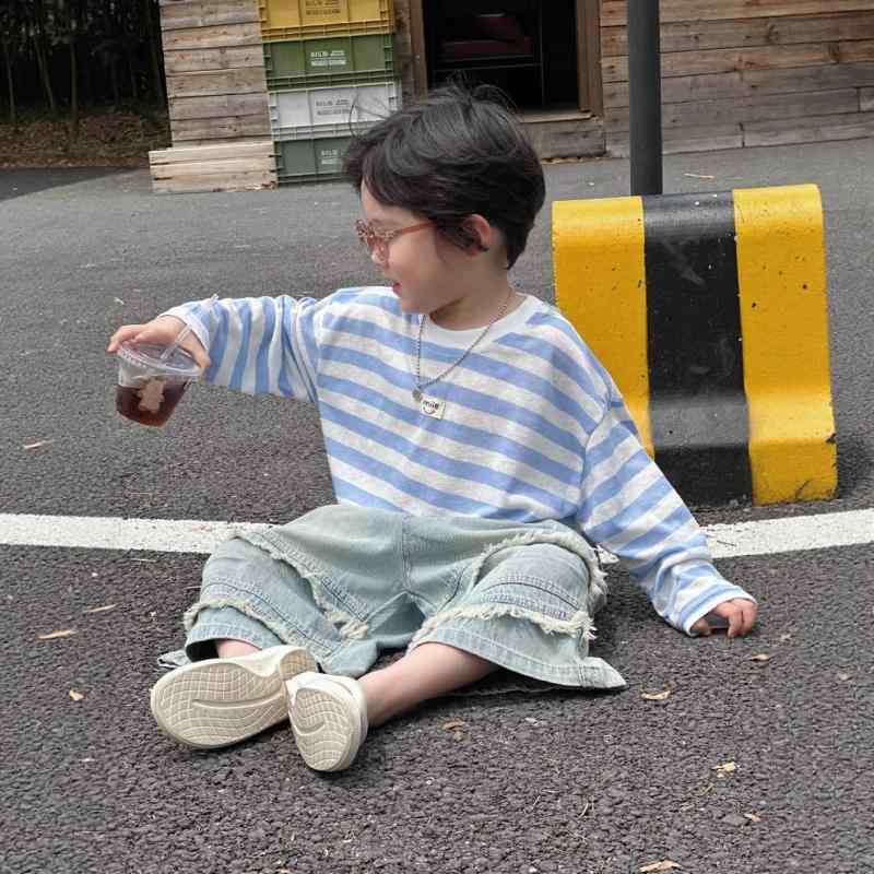 Jumpers - 子供用スウェットシャツ 長袖トップス 春夏 薄手ストライプ柄 ラウンドネック 普段着 天藍色 シャンパン色