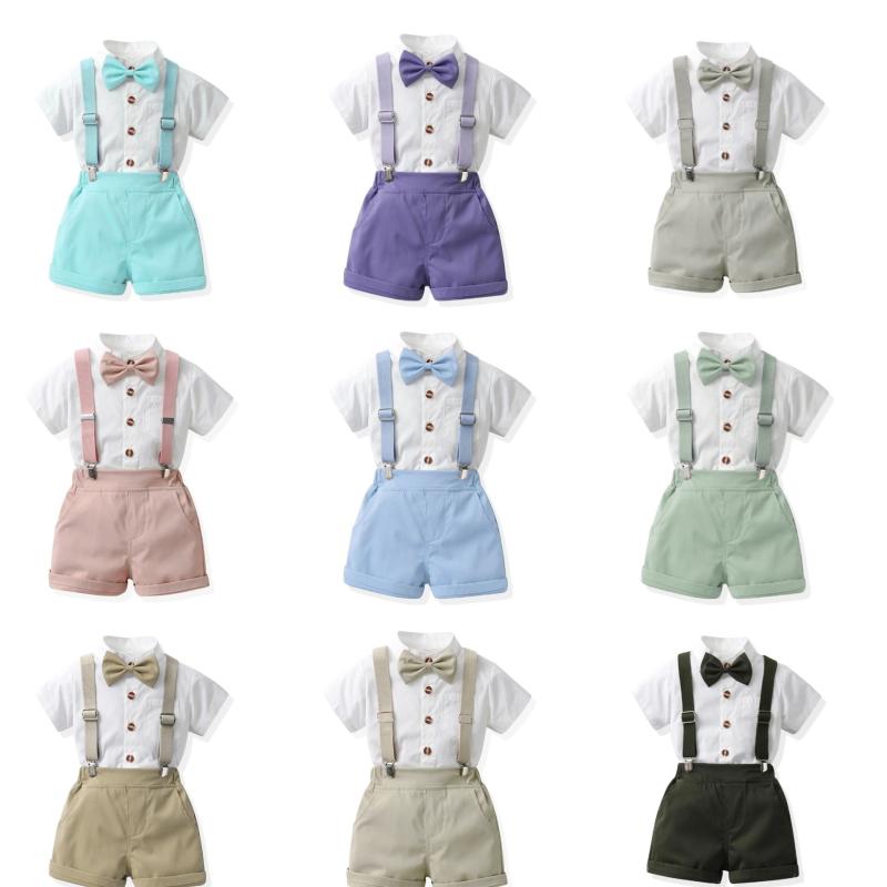 Overalls - キッズ 男の子 フォーマル スーツ 上下セット 半袖 シャツ ハーフパンツ 吊りバンド付き 無地 綿 短パン 発表会 結婚式 誕生日 記念日 撮影 イベント 春夏 パステルカラー 70 80 90 100 110 120 130 140 150 160