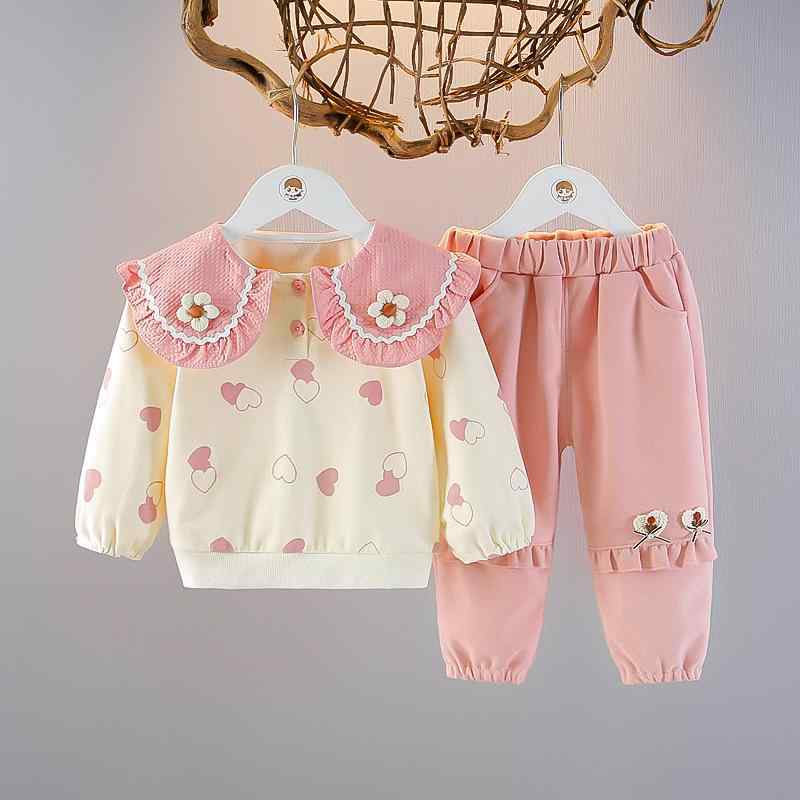 ベビー服 女の子 上下セット 2点セット スウェット 長袖 トップス パンツ 春秋 普段着 部屋着 綿 ピンク系 グリーン チョコレート色