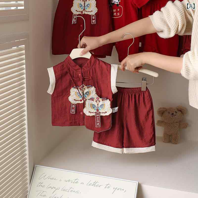 ベビー服 夏物 上下セット 中国風 薄手 お祝い 2点セット 赤色 粘胶 聚酯繊維 73CM 80cm 90cm 100cm 2