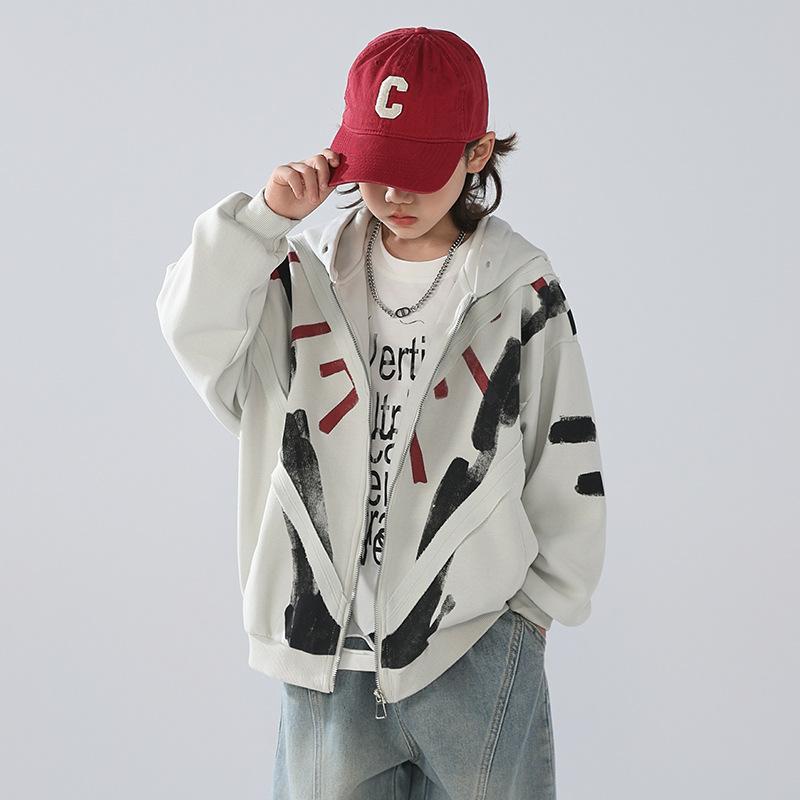 子供用ジャケット キッズ 男の子 花柄 フード付き 長袖 アウター 春秋 カジュアル ジップアップ パーカー グレー 綿