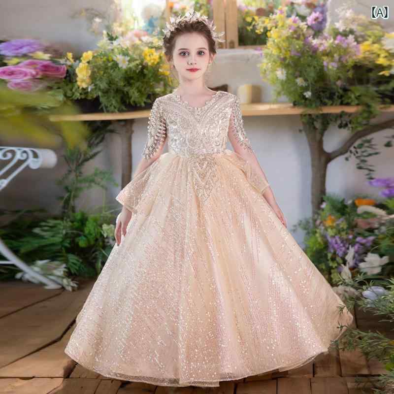 子供用ドレス ガールズ プリンセスドレス ピアノ発表会 演奏会 結婚式 パーティー フォーマル チュールスカート シャンパンカラー 100cm 110cm 120cm 130cm 140cm 150cm 160cm