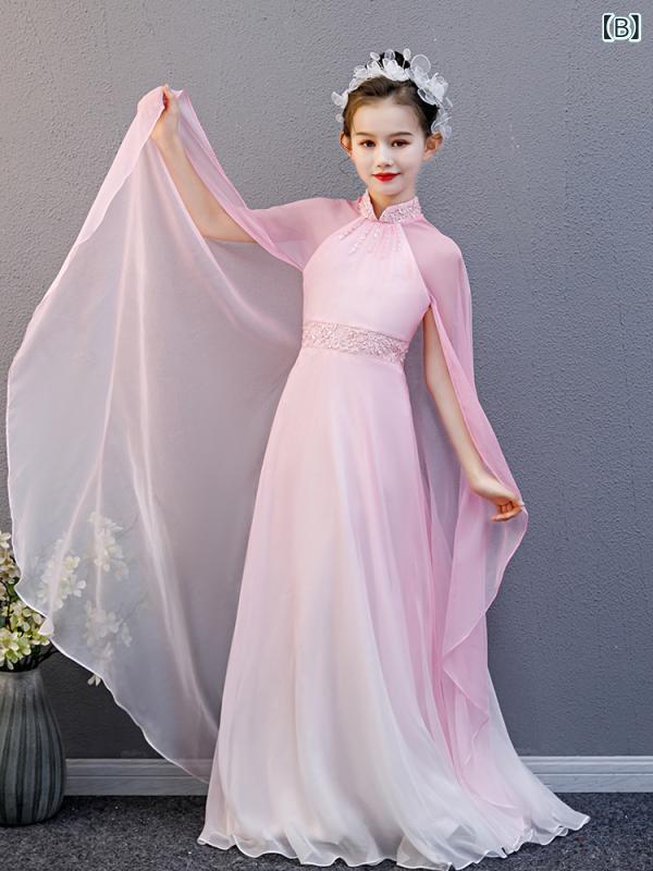 子供用礼服 中国風 グラデーション ショール ピアノ 発表会 演奏会 パーティー ドレス 女の子 レース 切り替え チュール 110cm 120cm 130cm 140cm 150cm 160cm ピンク系 レッド ブルー グリーン パープル