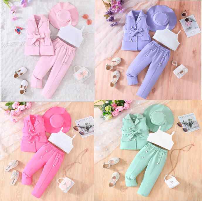 子供用スーツ長ズボンセット 帽子付き 4点セット 女の子 春夏 無袖 発表会 結婚式 パーティー フォーマル 3歳 4歳 5歳 6歳 7歳 8歳