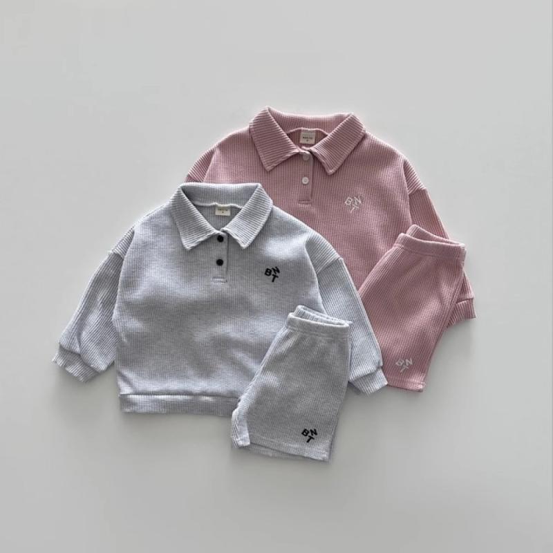 Overalls - 子供用セットアップ 春秋向け 韓国風ベビー服 ワッフル生地シャツ 上下セット 男女兼用 長袖 2点セット 73CM 80cm 90cm 100cm 110cm 120cm ブラック 暗いピンク 杏色 花の灰色